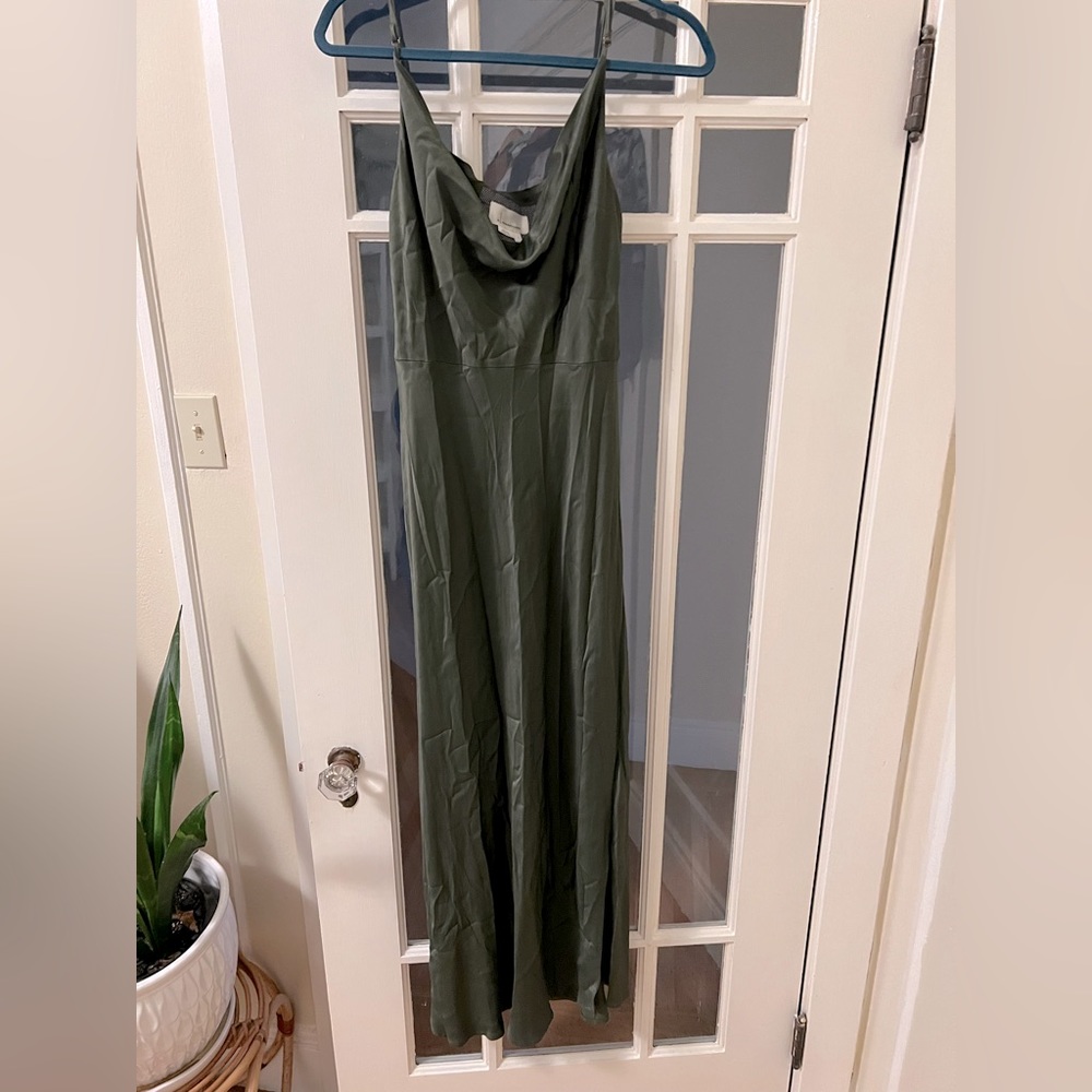 Olive green silk anthropology slip dress, size large, ankle length.